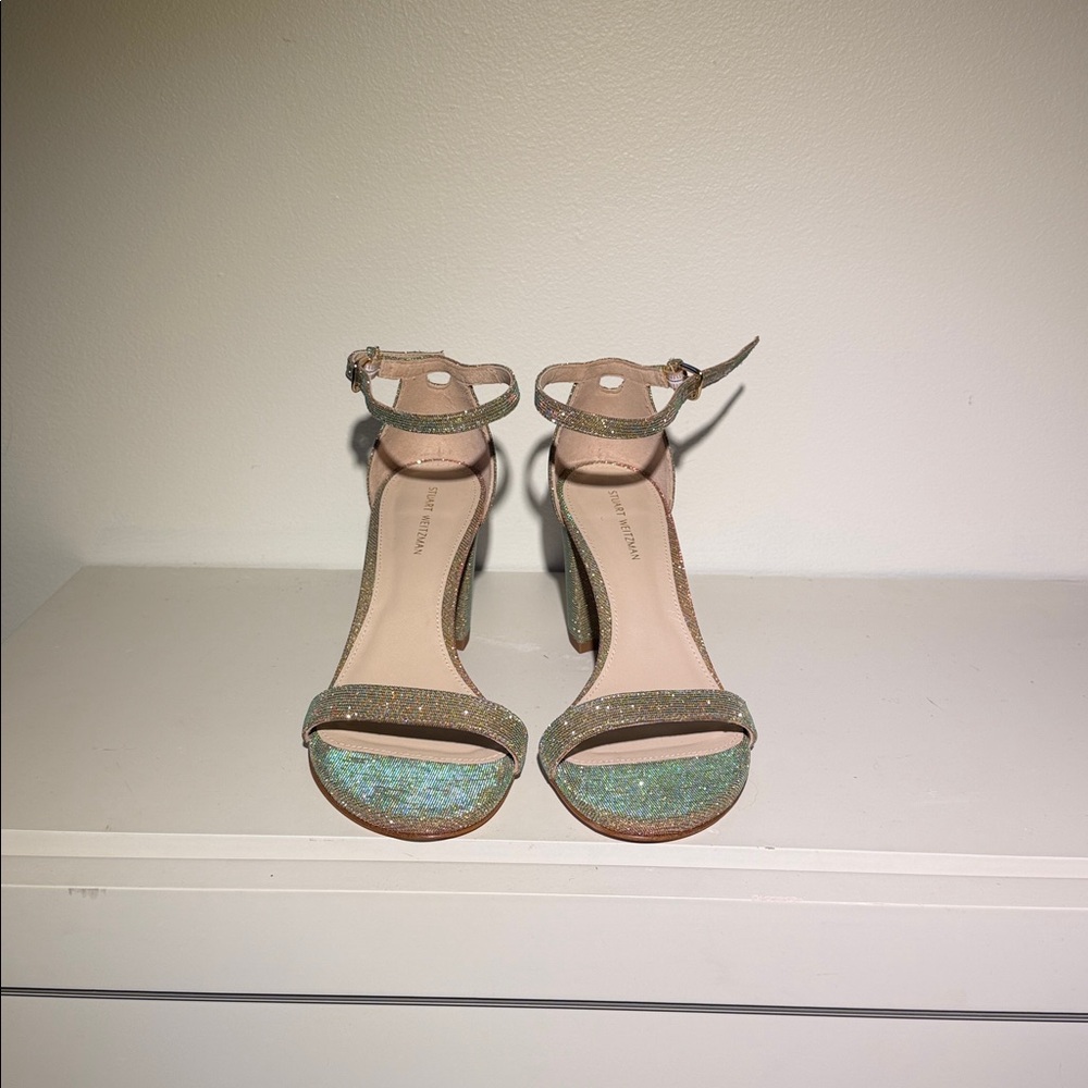 Stuart Weitzman Iridescent Gold-Glitter Ankle-Strap Block Heels. Sz 6.5. NWOB - Picture 4 of 9